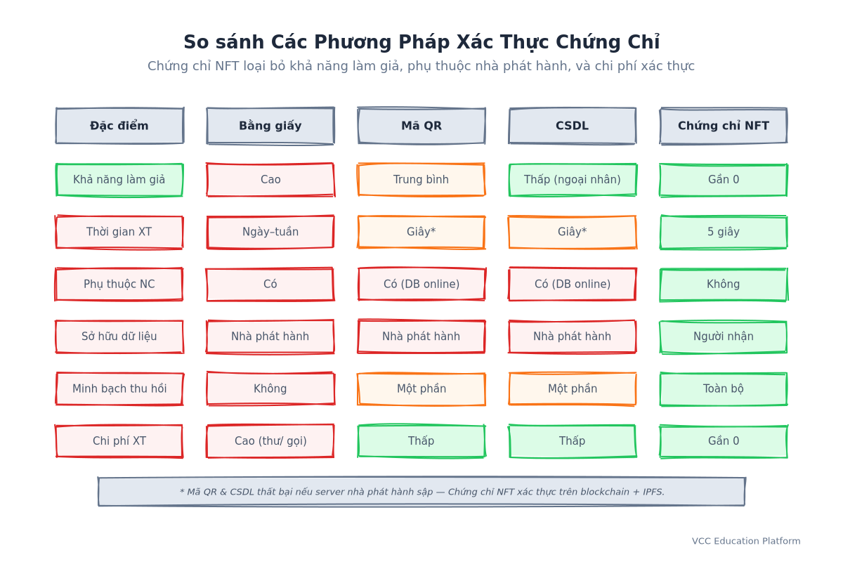 So sánh 4 phương pháp: bằng giấy, mã QR, CSDL, chứng chỉ NFT