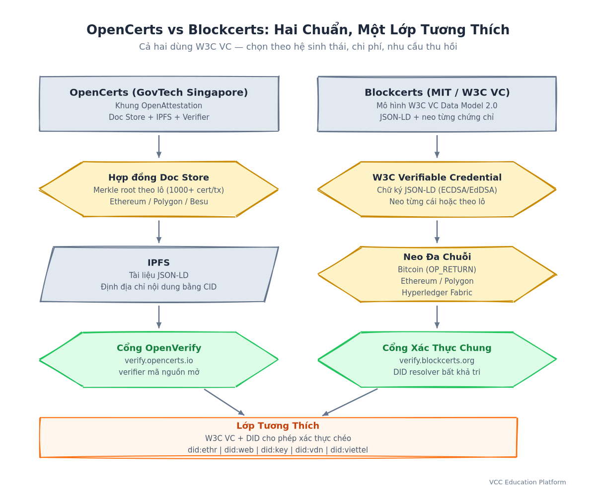 So sánh OpenCerts và Blockcerts: hai chuẩn, một lớp tương thích