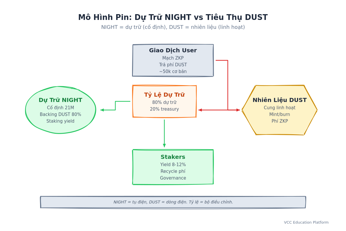 Hình 1: Mô Hình Pin — Dự Trữ NIGHT vs Tiêu Thụ DUST