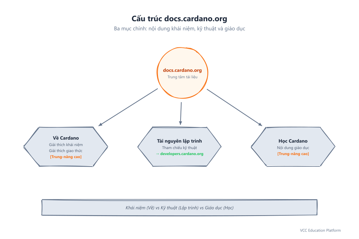 Cấu trúc docs.cardano.org hiển thị ba phần chính và các loại nội dung của chúng
