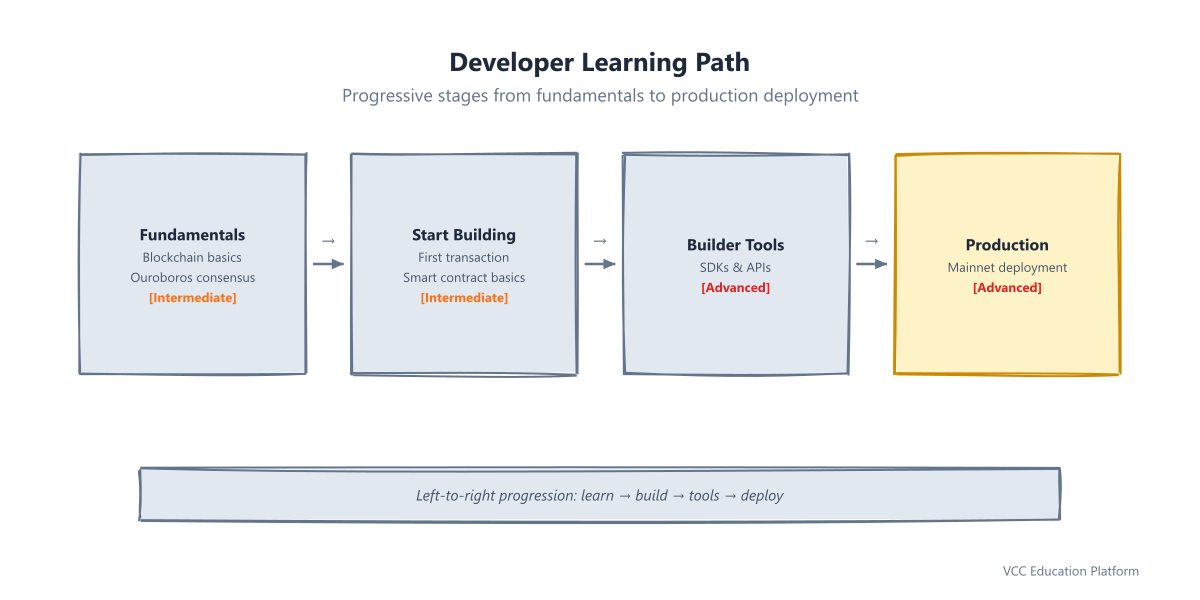 Developer learning path from fundamentals through start building to builder tools