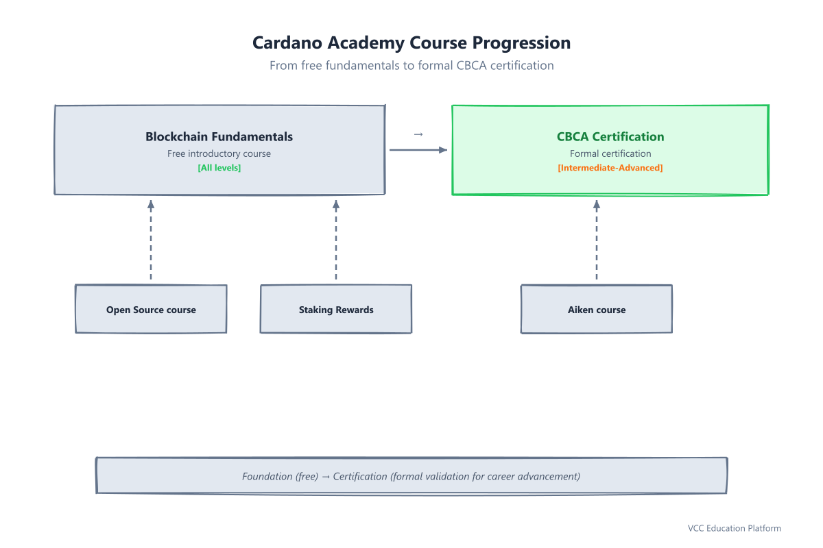 Cardano Academy course progression from fundamentals to CBCA certification