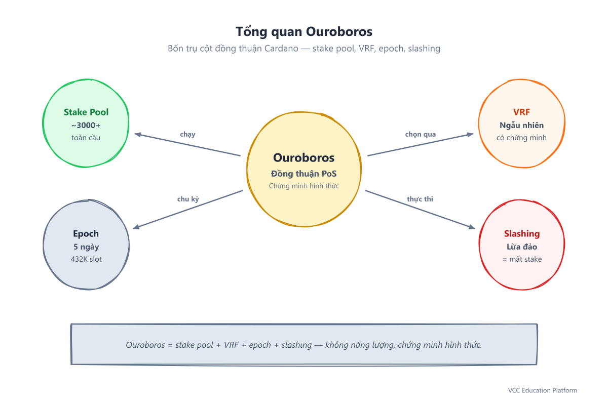 Tổng quan Ouroboros: hub trung tâm với 4 trụ cột — stake pool, VRF, epoch, slashing