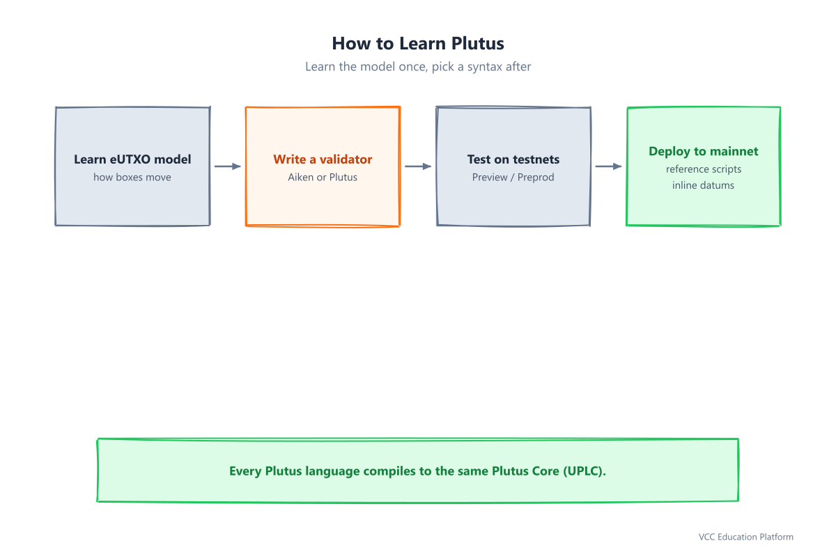Learning path: learn the eUTXO model, write a small validator in Aiken or Plutus, test locally and on the Preview or Preprod testnets, then deploy to mainnet with reference scripts and inline datums