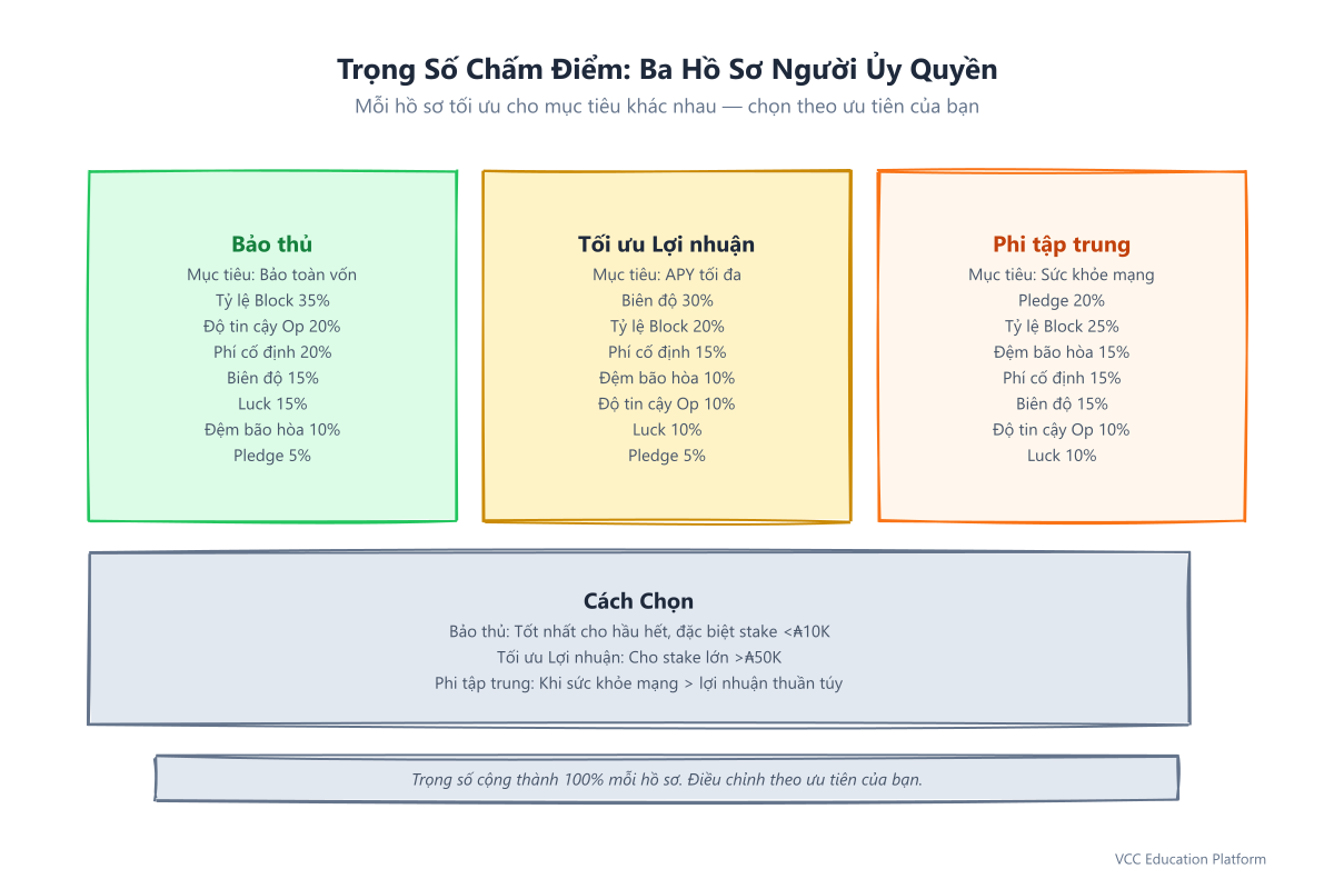 So sánh trọng số chấm điểm: Bảo thủ vs Tối ưu lợi nhuận vs Phi tập trung