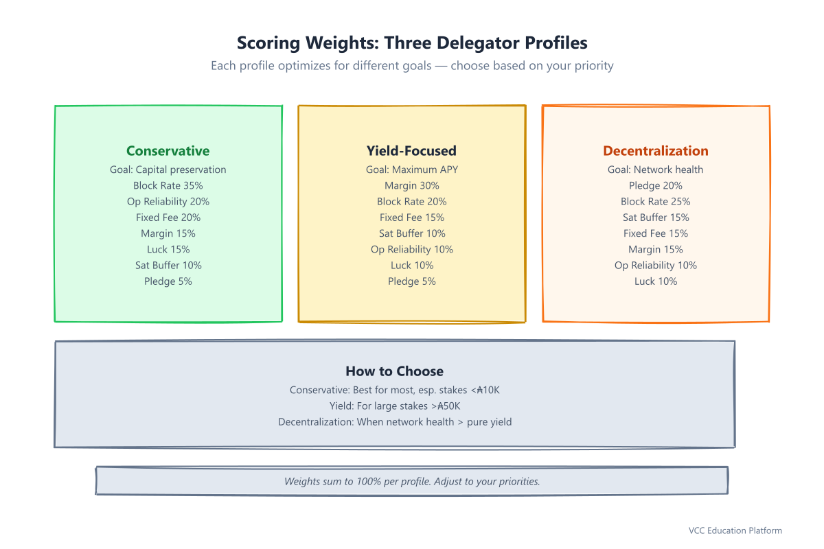 Radar Chart - Multi-Dimensional Scoring Comparison: Conservative vs Yield vs Decentralization Profiles