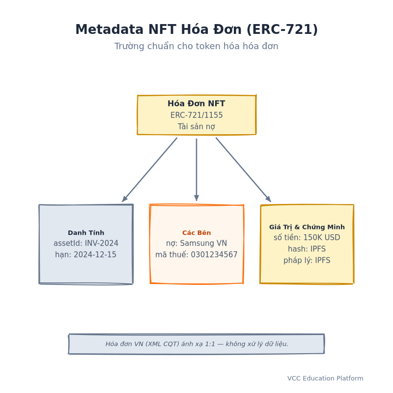 Cấu trúc metadata NFT hóa đơn: assetId, debtor (legalName, taxId, jurisdiction), amount (value, currency), dueDate, paymentTerms, invoiceHash, legalOpinion, originator