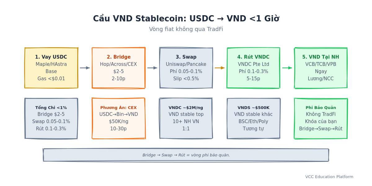Cầu VND stablecoin: vay USDC trên Base → bridge sang Polygon/BSC → swap USDC/VNDC → rút VNDC qua VNDC Pte Ltd → VND về ngân hàng Việt Nam