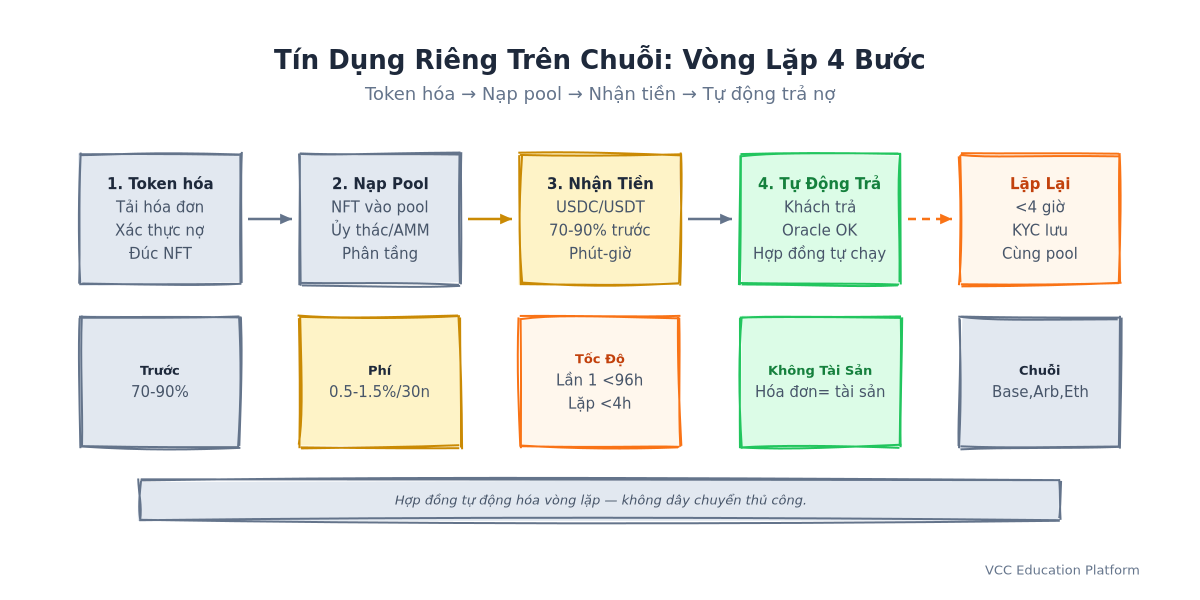 Luồng token hóa hóa đơn đến chu kỳ trả nợ: token hóa → nạp pool → nhận tiền → tự động trả nợ