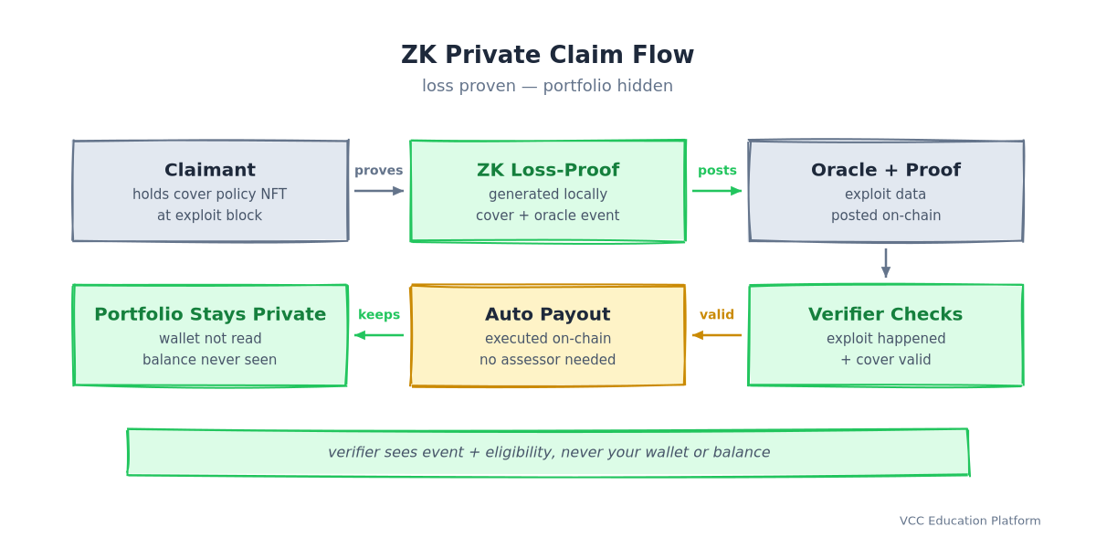 ZK private claim flow: claimant holds cover policy NFT → ZK loss-proof generated locally → oracle public data and proof posted on-chain → verifier checks exploit happened and cover valid → payout executed automatically → portfolio stays private, wallet not read