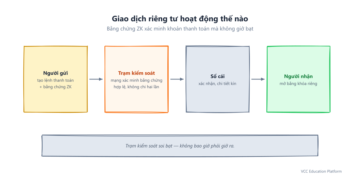 Cách giao dịch riêng tư hoạt động: người gửi tạo lệnh thanh toán và bằng chứng ZK, mạng xác minh bằng chứng tại trạm kiểm soát, giao dịch được xác nhận trên sổ cái với chi tiết vẫn kín, người nhận mở bằng khóa riêng của mình