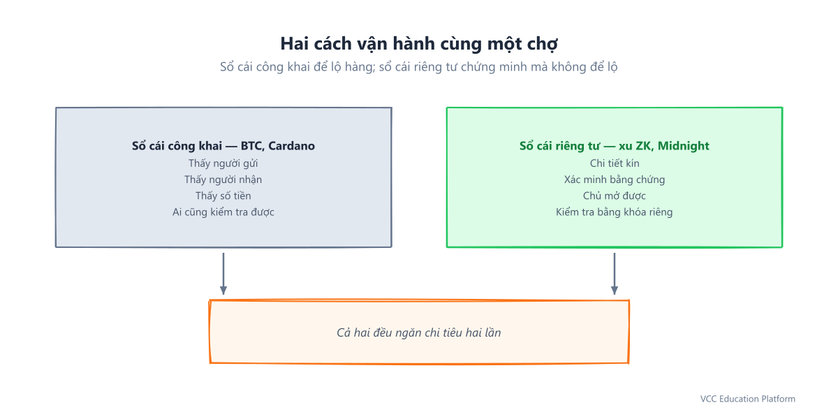 Sổ cái công khai so với sổ cái riêng tư: thuyền mở cho ai cũng thấy người gửi, người nhận, số tiền; thuyền bạt che chi tiết bằng bằng chứng ZK và chỉ chủ mở được; cả hai đều được xác minh tại cùng một trạm kiểm soát