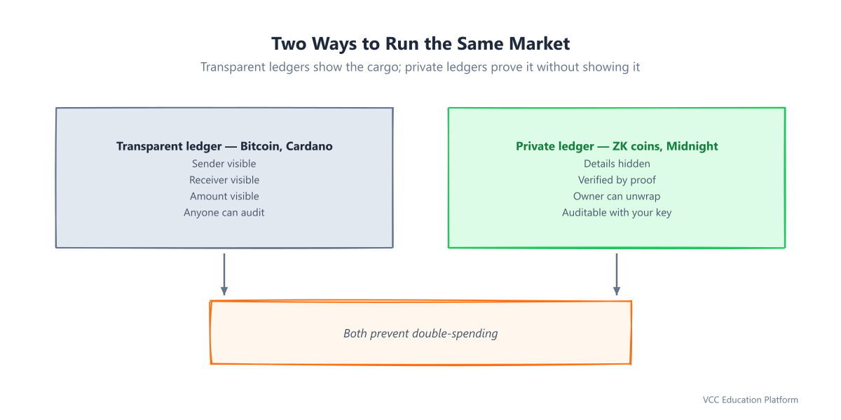Transparent ledger vs private ledger: an open boat shows sender, receiver and amount to anyone who can audit; a covered boat seals details with a ZK proof and only the owner can unwrap; both are verified at the same checkpoint