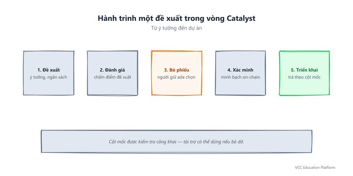 Flowchart - Lifecycle of a proposal in one funding round: submit proposal, community review, weighted voting, on-chain validation, milestone-based delivery