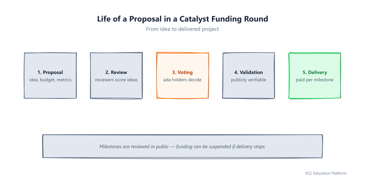 Flowchart - Lifecycle of a proposal in one funding round: submit proposal, community review, weighted voting, on-chain validation, milestone-based delivery