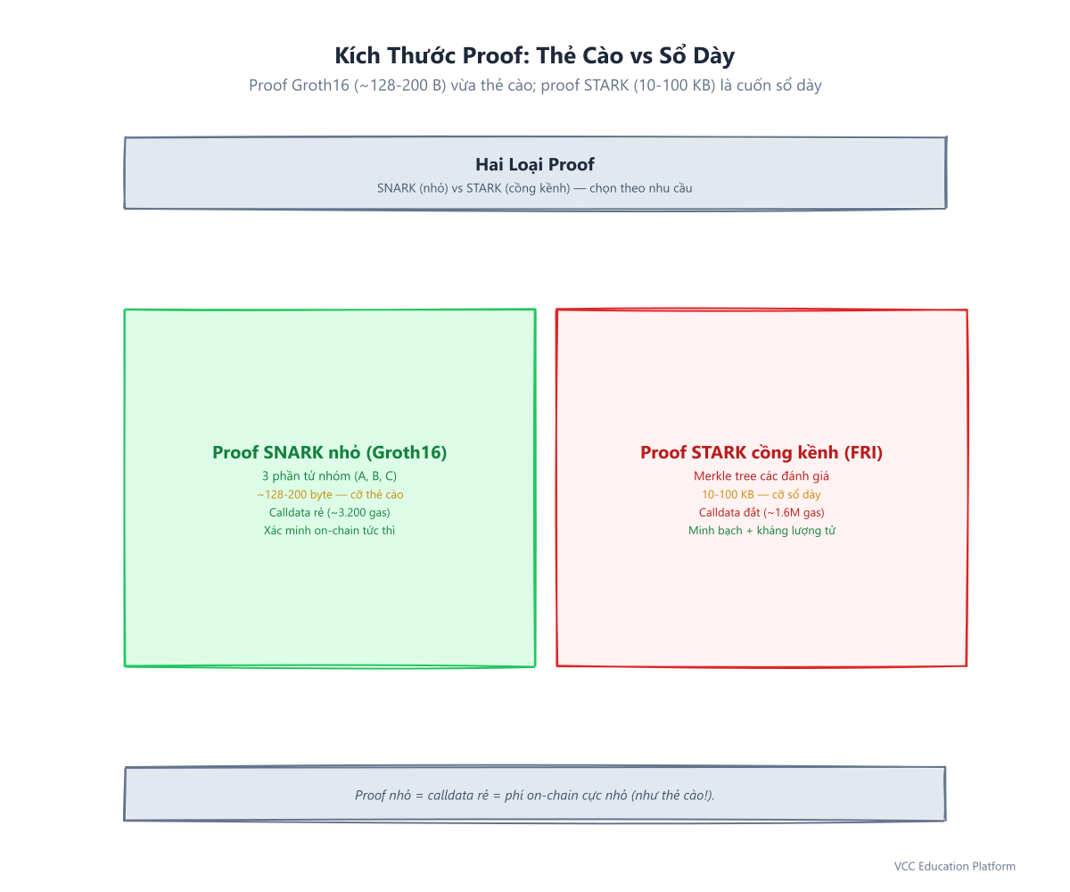 Ví dụ thẻ cào điện thoại: proof SNARK nhỏ vs proof STARK cồng kềnh