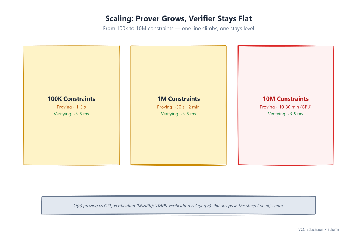 Scaling comparison: proving time grows with constraints, verification stays flat