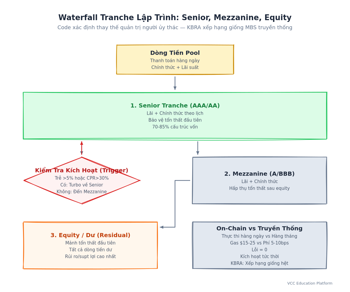 Diagram - Tranche Waterfall: Senior/Mezz/Equity on Smart Contract