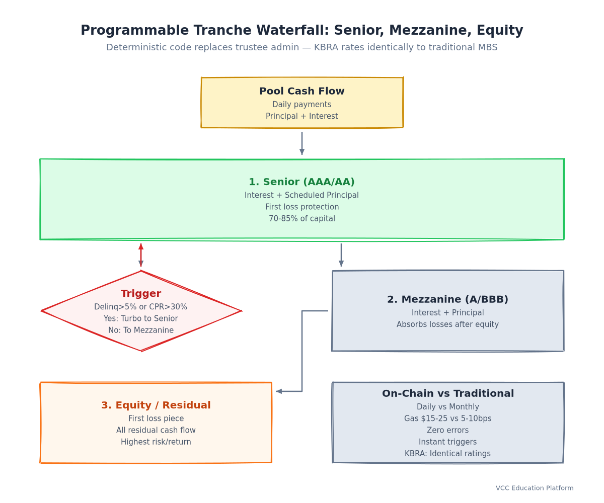 Diagram - Tranche Waterfall: Senior/Mezz/Equity on Smart Contract