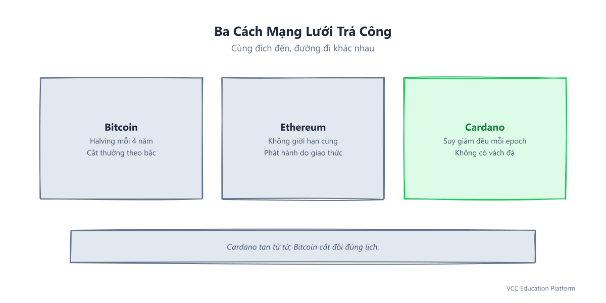 Comparison - Three payment models: Bitcoin halving steps down every 4 years, Ethereum has no supply cap, Cardano decays smoothly each epoch with no cliff