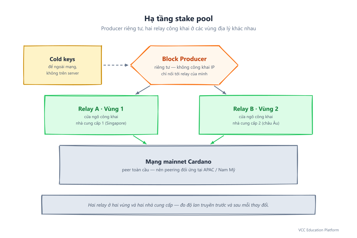 Diagram - Recommended pool infrastructure setup with block producer and geographically distributed relays