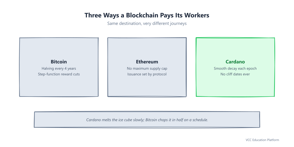 Comparison - Three payment models: Bitcoin halving steps down every 4 years, Ethereum has no supply cap, Cardano decays smoothly each epoch with no cliff