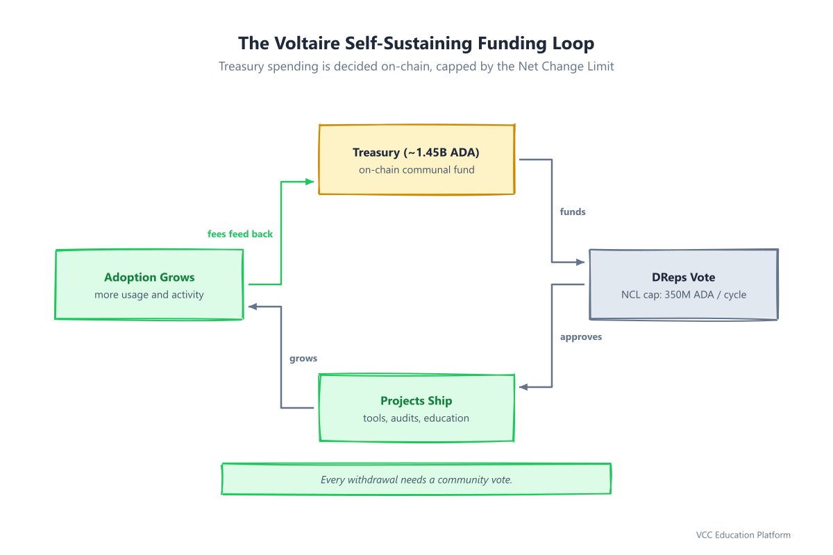 Diagram - Self-sustaining governance loop: treasury funds proposals, DReps vote under Net Change Limit, projects ship and grow adoption, adoption raises fees and network health, feeding back into the treasury