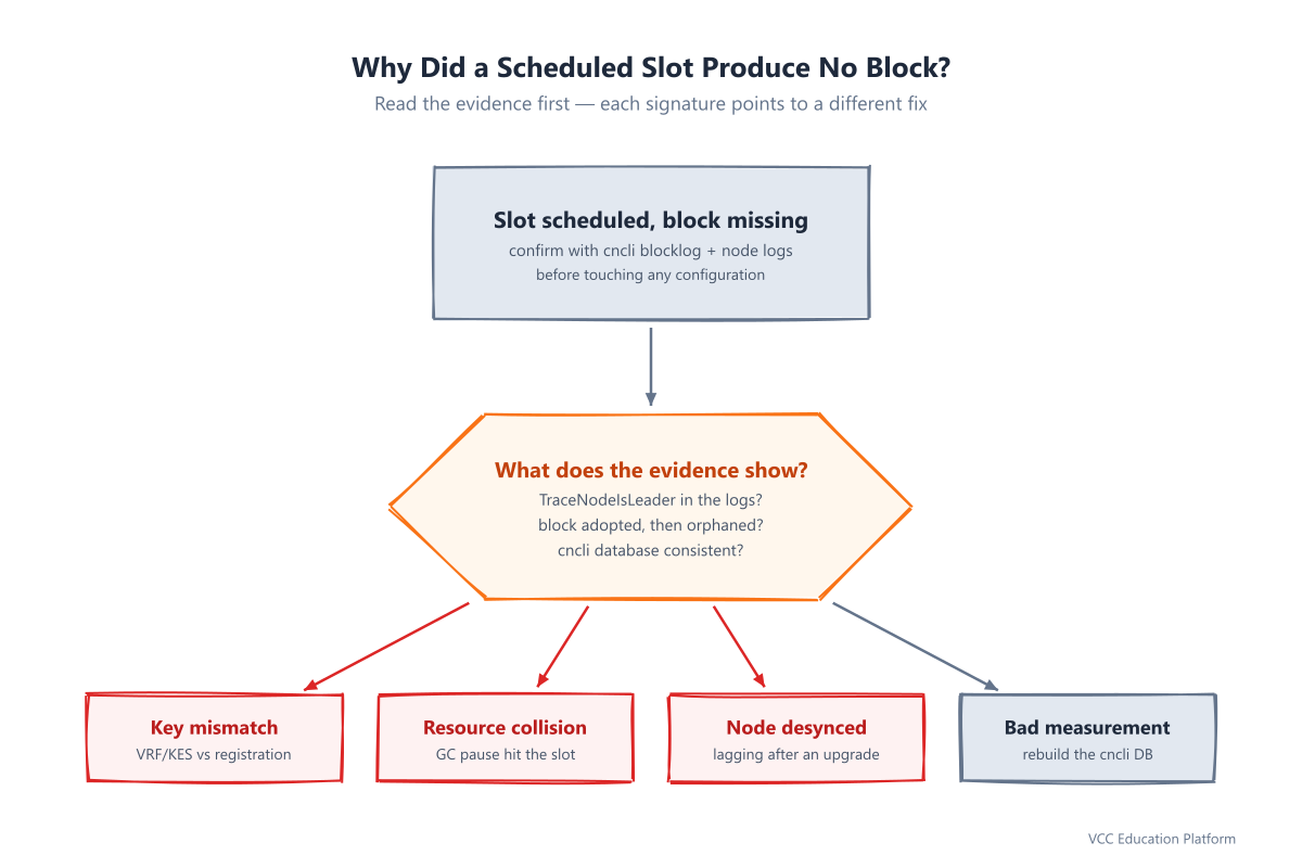 Flowchart - Diagnosing why a scheduled leader slot produced no confirmed block