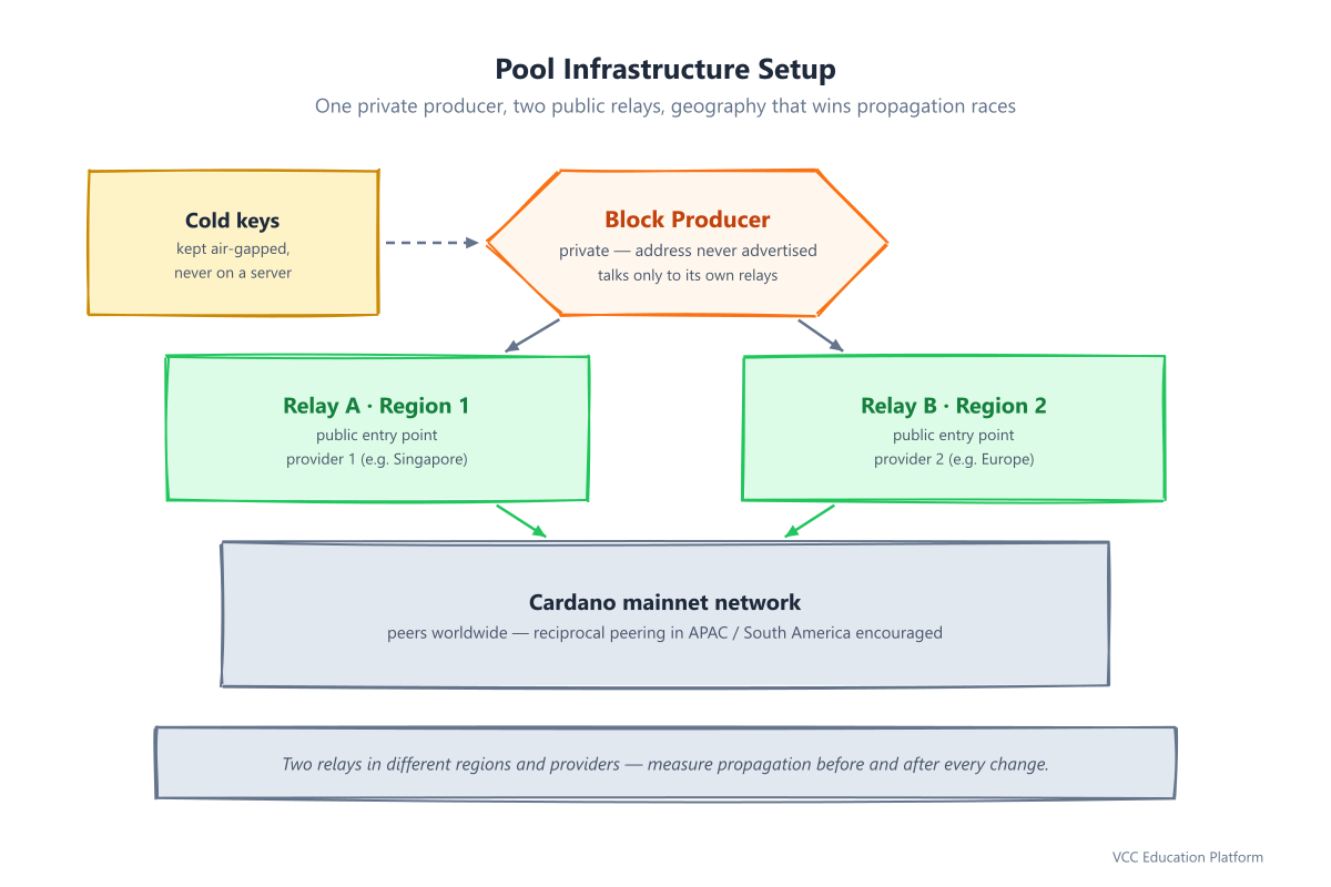 Diagram - Recommended pool infrastructure setup with block producer and geographically distributed relays