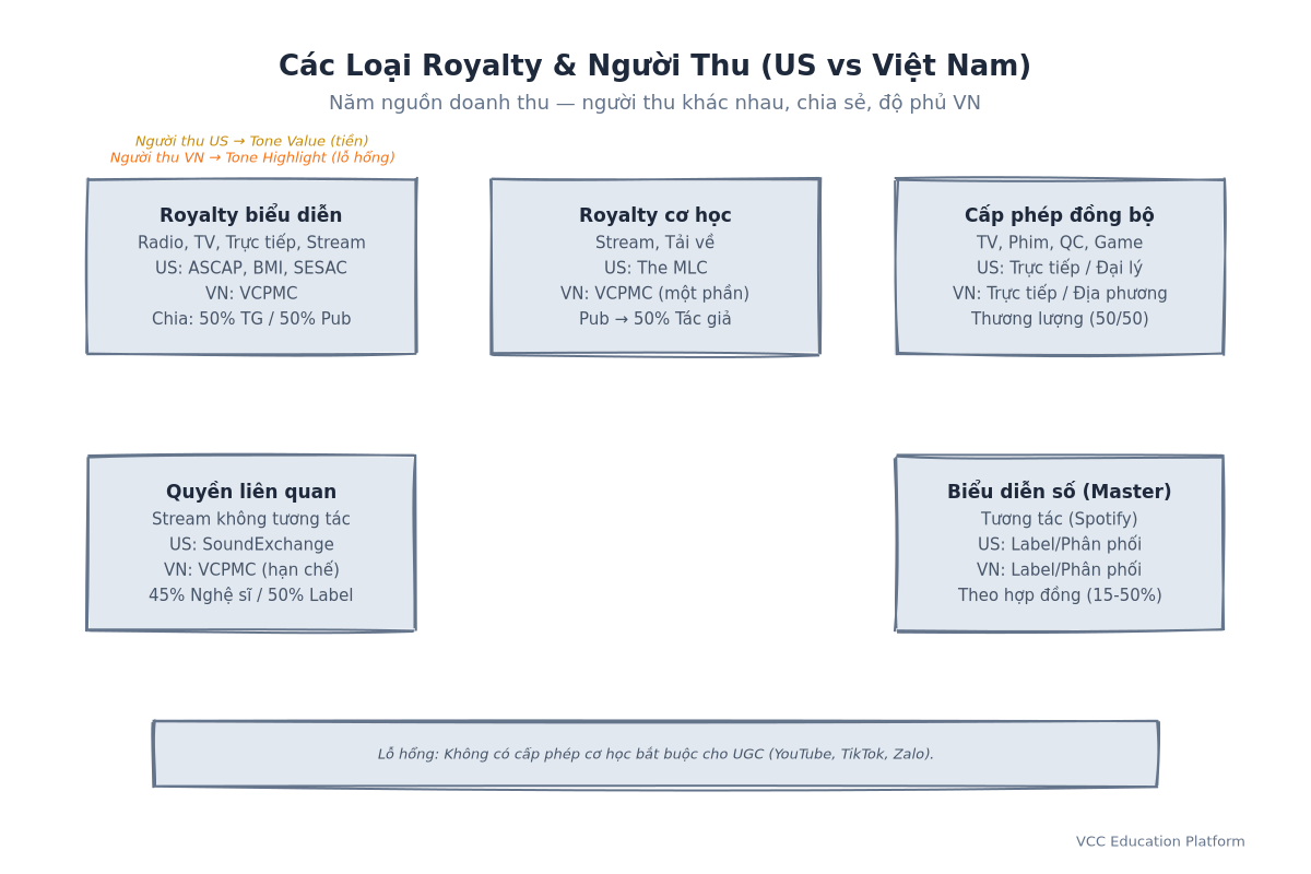 Bảng so sánh - Các loại Royalty & Người thu