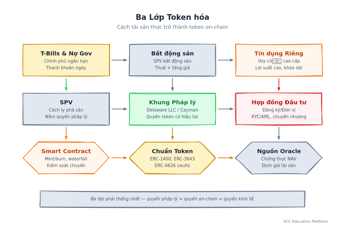 Bản đồ ba lớp token hóa hiển thị tài sản, pháp lý và kỹ thuật với mũi tên chỉ luồng dữ liệu