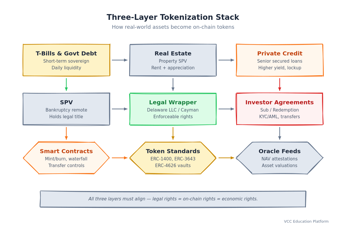 Diagram - Three-layer tokenization stack showing asset, legal, and technical layers with arrows indicating data flow