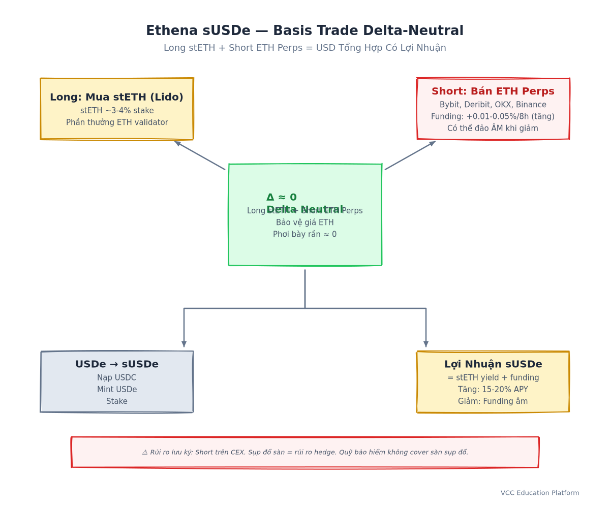 Cơ chế delta-neutral Ethena: long stETH + short ETH perp futures = delta ~0, yield từ staking + funding rate