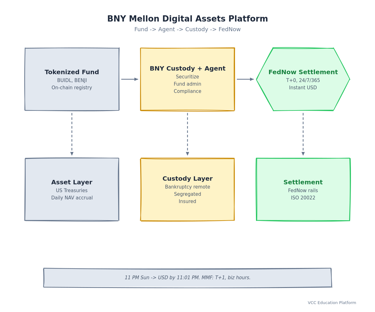 Đồ thị - BNY Mellon Digital Assets Platform: Quỹ được token hóa → Cơ quan chuyển giao trên chuỗi (securitize) → BNY Custody → FedNow Settlement → Tài khoản ngân hàng của nhà đầu tư
