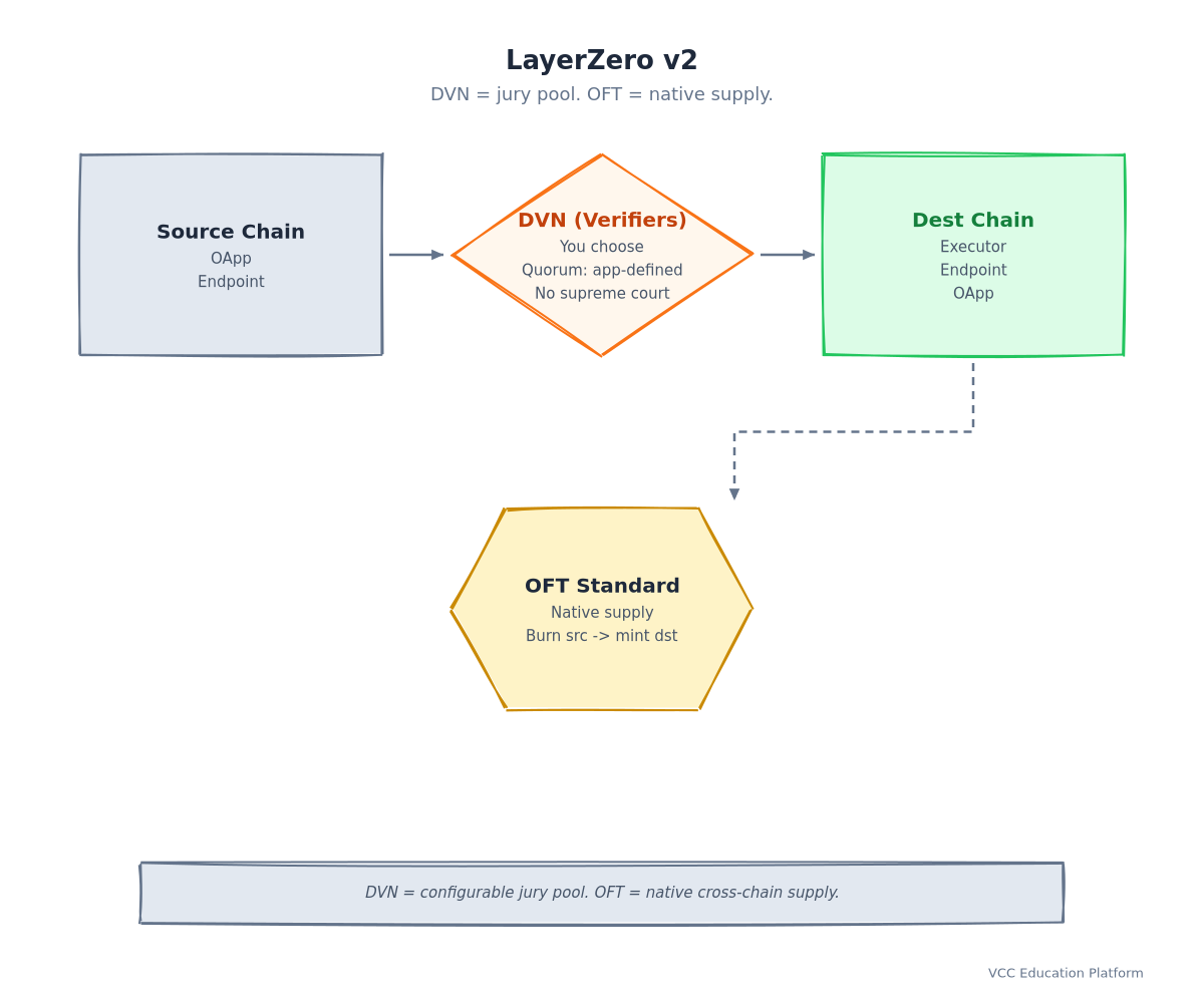 Đồ thị - Tiến trình LayerZero v2: OApp (Nguồn) → Endpoint → Xác minh DVN (Quorum có thể được cấu hình) → Executor → Endpoint → OApp (Điểm đến)