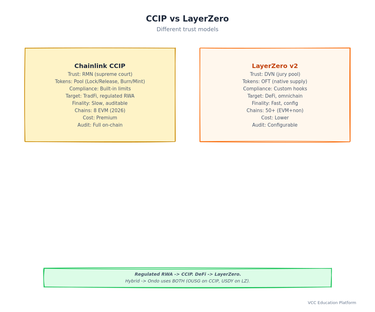 Comparison Table - CCIP vs LayerZero across dimensions: Trust Model, Token Model, Compliance, Target User, Finality, Chain Support, Cost, Auditability