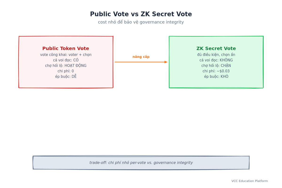 So sánh vote token công khai vs vote bí mật ZK: vote công khai cá voi đọc được, chợ hối lộ hoạt động, ép buộc dễ; vote bí mật ZK giấu lựa chọn, chặn chợ hối lộ, ép buộc khó với chi phí nhỏ mỗi phiếu