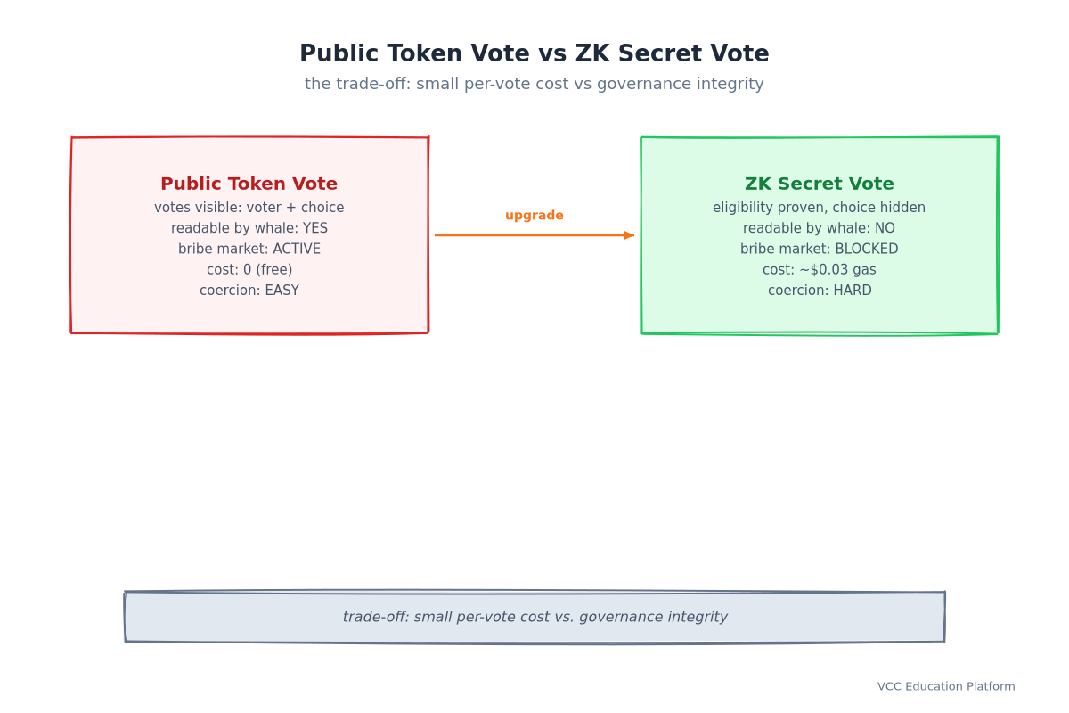 Public token vote vs ZK secret vote comparison: public vote is readable by whales with active bribe market and easy coercion, ZK secret vote hides the choice, blocks the bribe market and makes coercion hard for a small per-vote cost