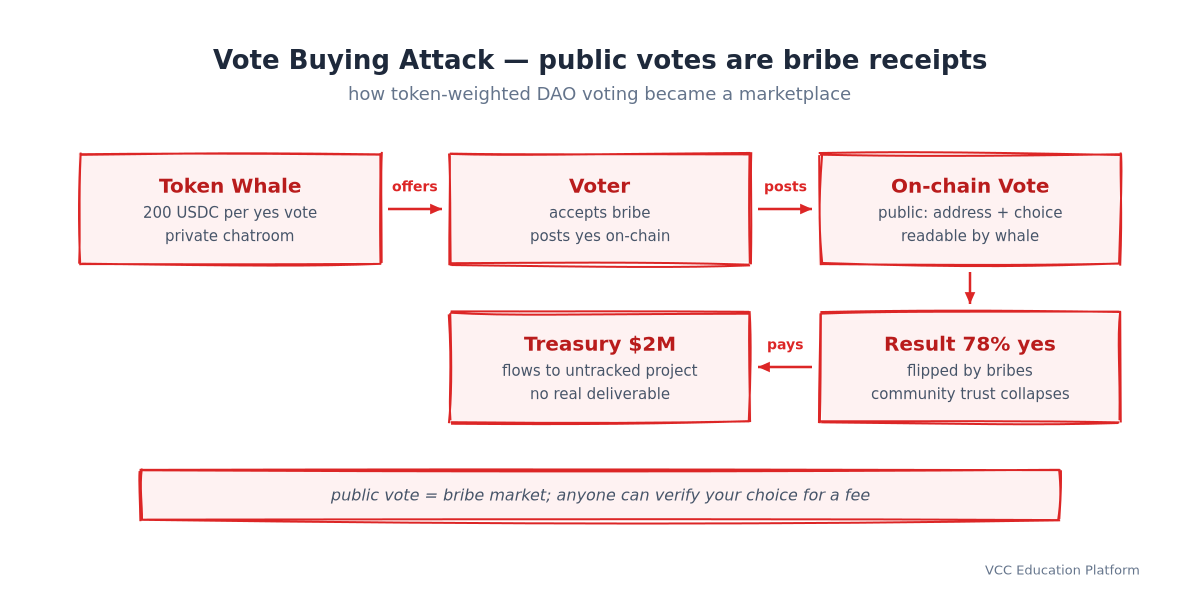 Vote buying attack flow: token whale offers 200 USDC per yes vote → voter accepts → on-chain vote is public → governance result manipulated 78% yes → treasury $2M flows to untracked project