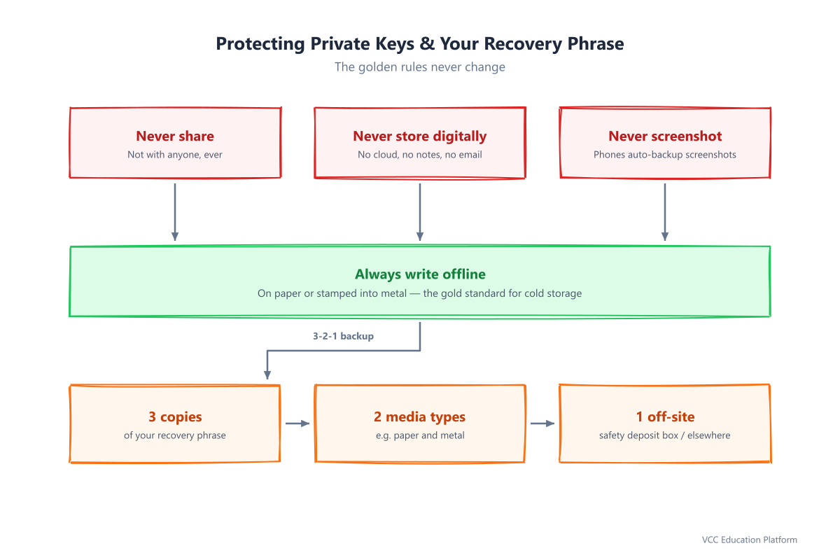 Private key protection golden rules: never share, never store digitally, and use 3-2-1 offline backups on paper or metal