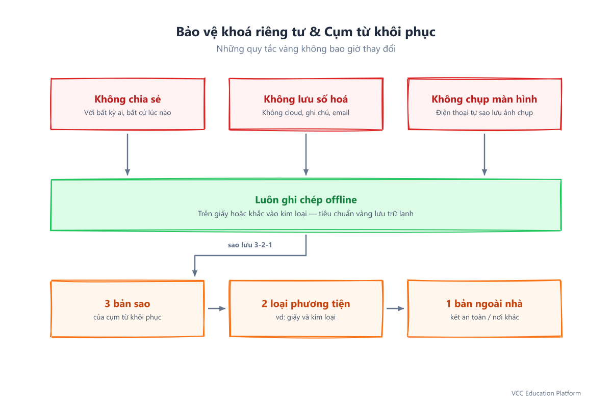 Các quy tắc vàng bảo vệ khóa riêng: không bao giờ chia sẻ, không bao giờ lưu trữ kỹ thuật số và sử dụng bản sao lưu 3-2-1 ngoại tuyến trên giấy hoặc kim loại