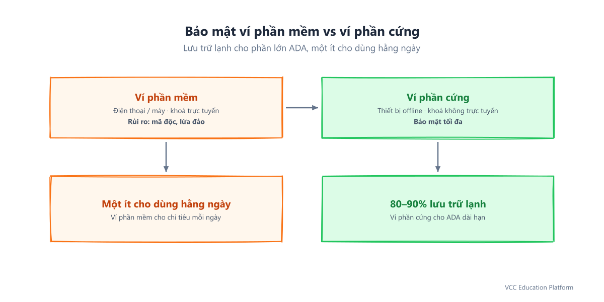 So sánh bảo mật ví phần mềm và ví phần cứng, cho thấy chiến lược lưu trữ lạnh giữ 80-90% ADA ngoại tuyến