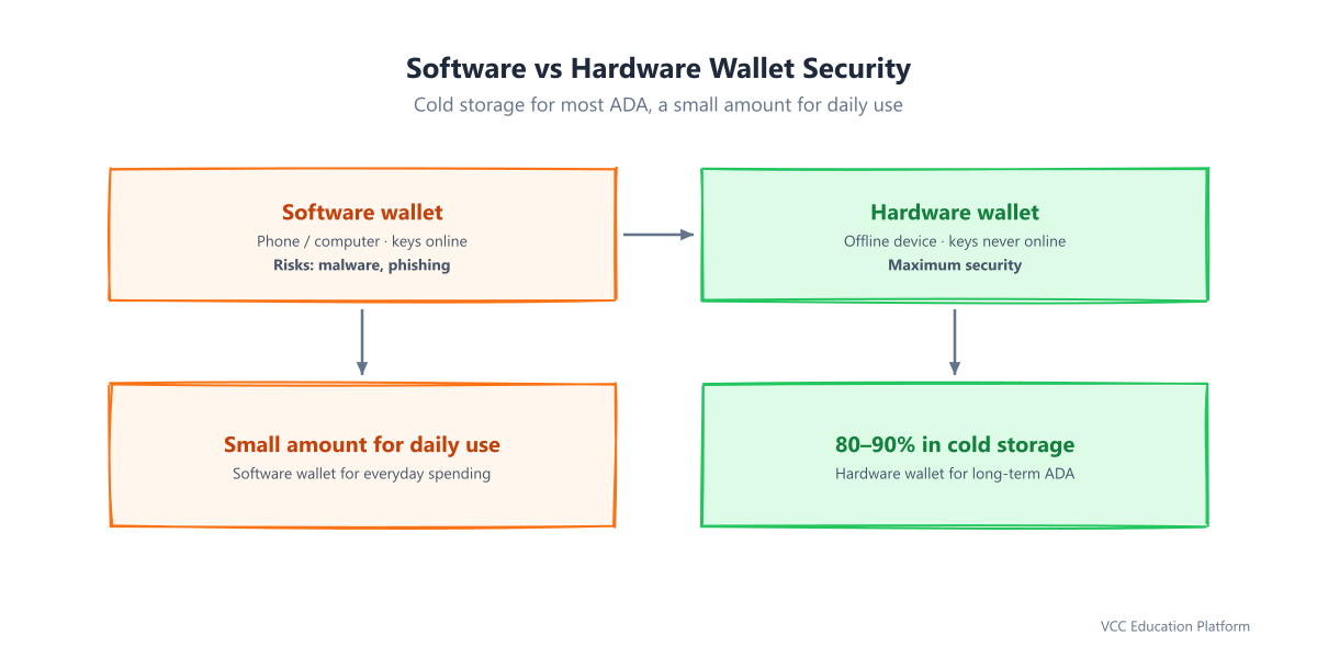 Software vs hardware wallet security comparison showing a cold storage strategy keeping 80-90% of ADA offline