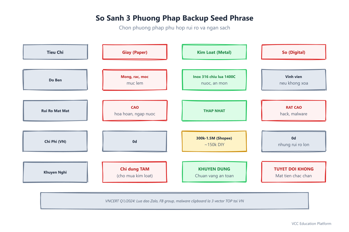 So sánh 3 phương pháp backup seed phrase: giấy vs kim loại vs số
