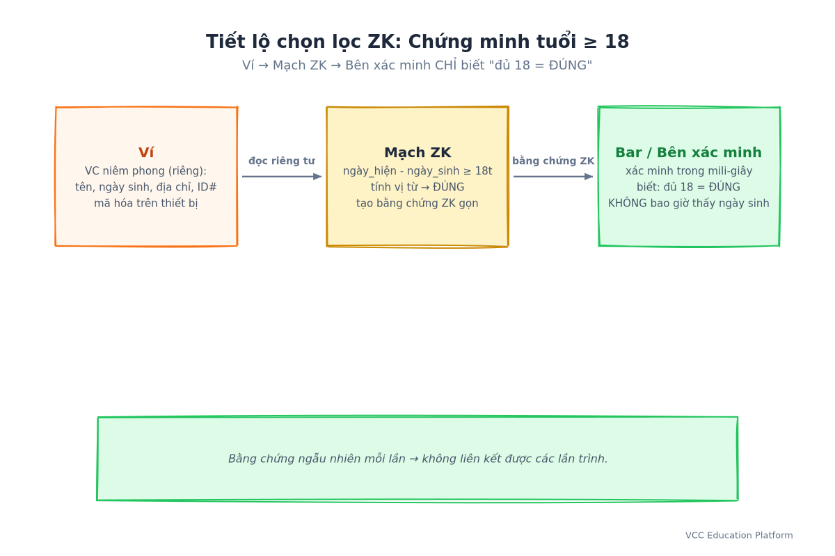 Tiết lộ chọn lọc ZK: ví → mạch ZK (tuổi ≥ 18) → bên xác minh chỉ biết đủ 18 = ĐÚNG