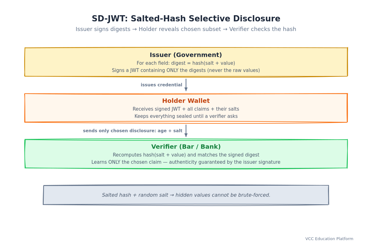 SD-JWT salted-hash selective disclosure: issuer signs digests, holder reveals a chosen subset, verifier checks the hash