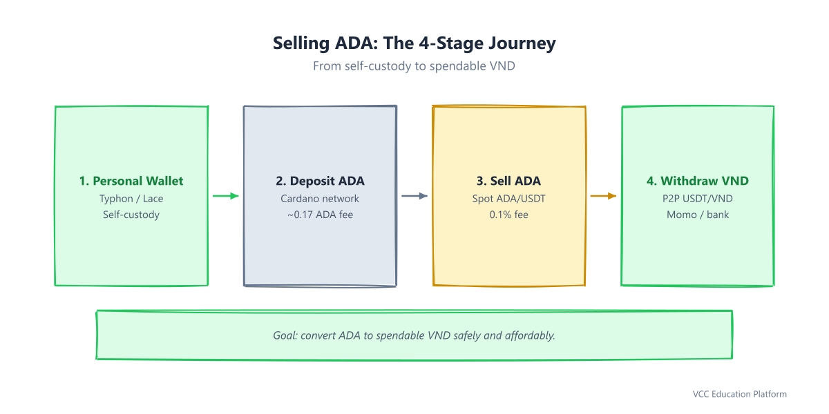 Selling ADA journey flowchart: personal wallet, deposit, sell, withdraw VND