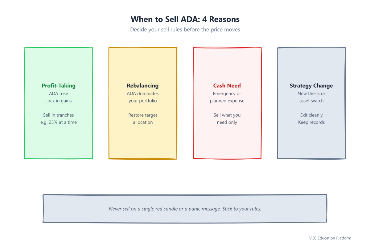 When to sell ADA decision tree: profit-taking, rebalancing, cash need, strategy change