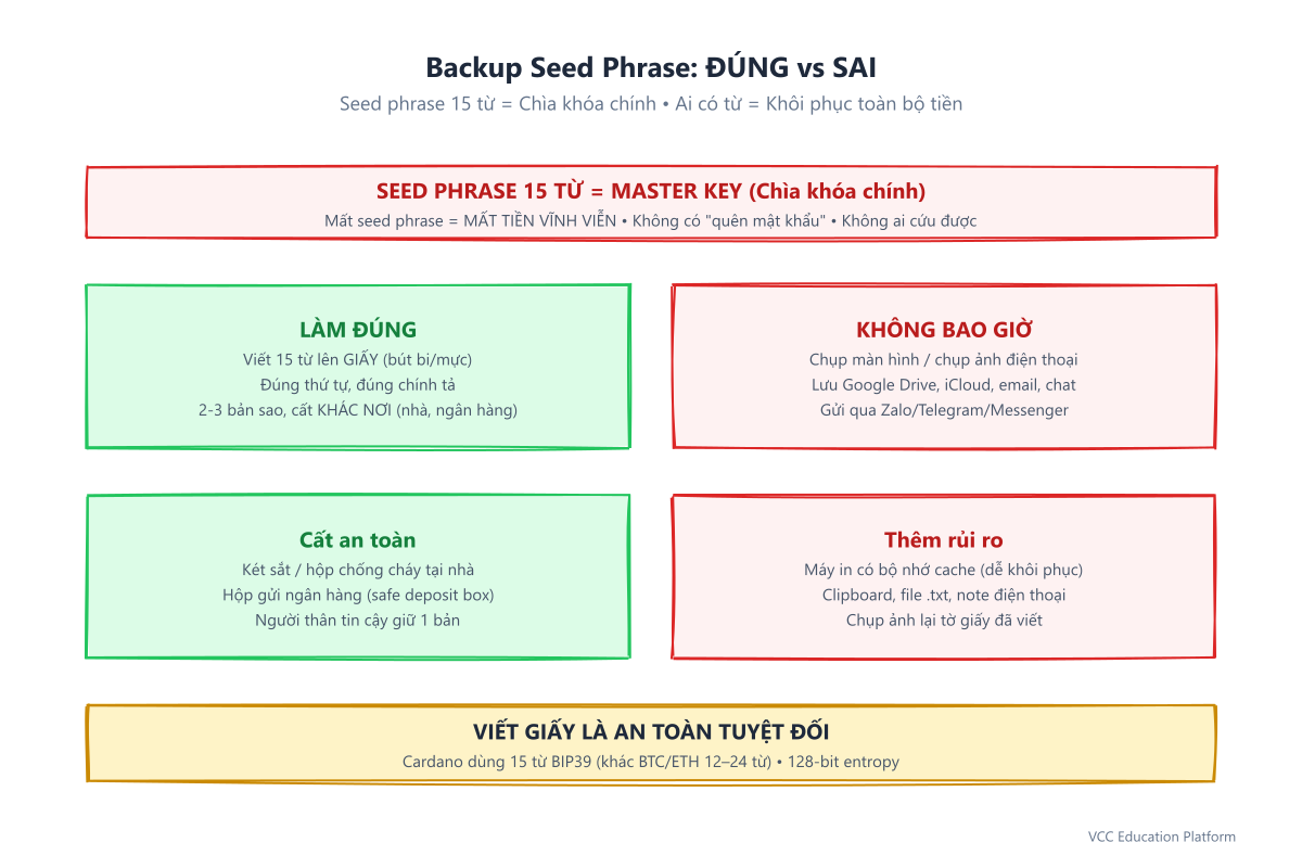 Sao lưu seed phrase: NÊN viết 15 từ ra giấy và cất bản sao ở nơi khác nhau; KHÔNG chụp màn hình, lưu đám mây hay gửi qua chat