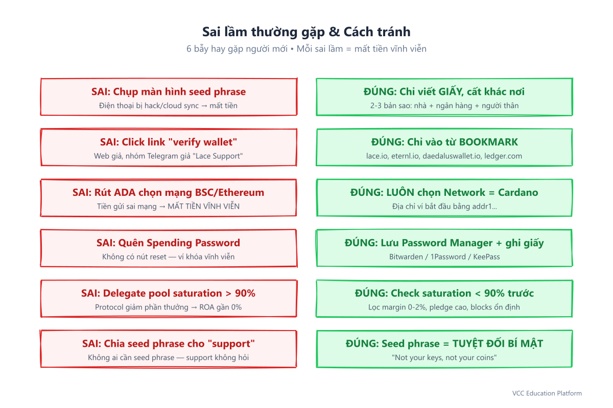 Sai lầm thường gặp khi dùng ví Cardano so với hành động đúng: không chụp màn hình seed phrase, chỉ dùng bookmark, luôn chọn mạng Cardano, trình quản lý mật khẩu, kiểm tra mức bão hòa, không chia sẻ seed phrase